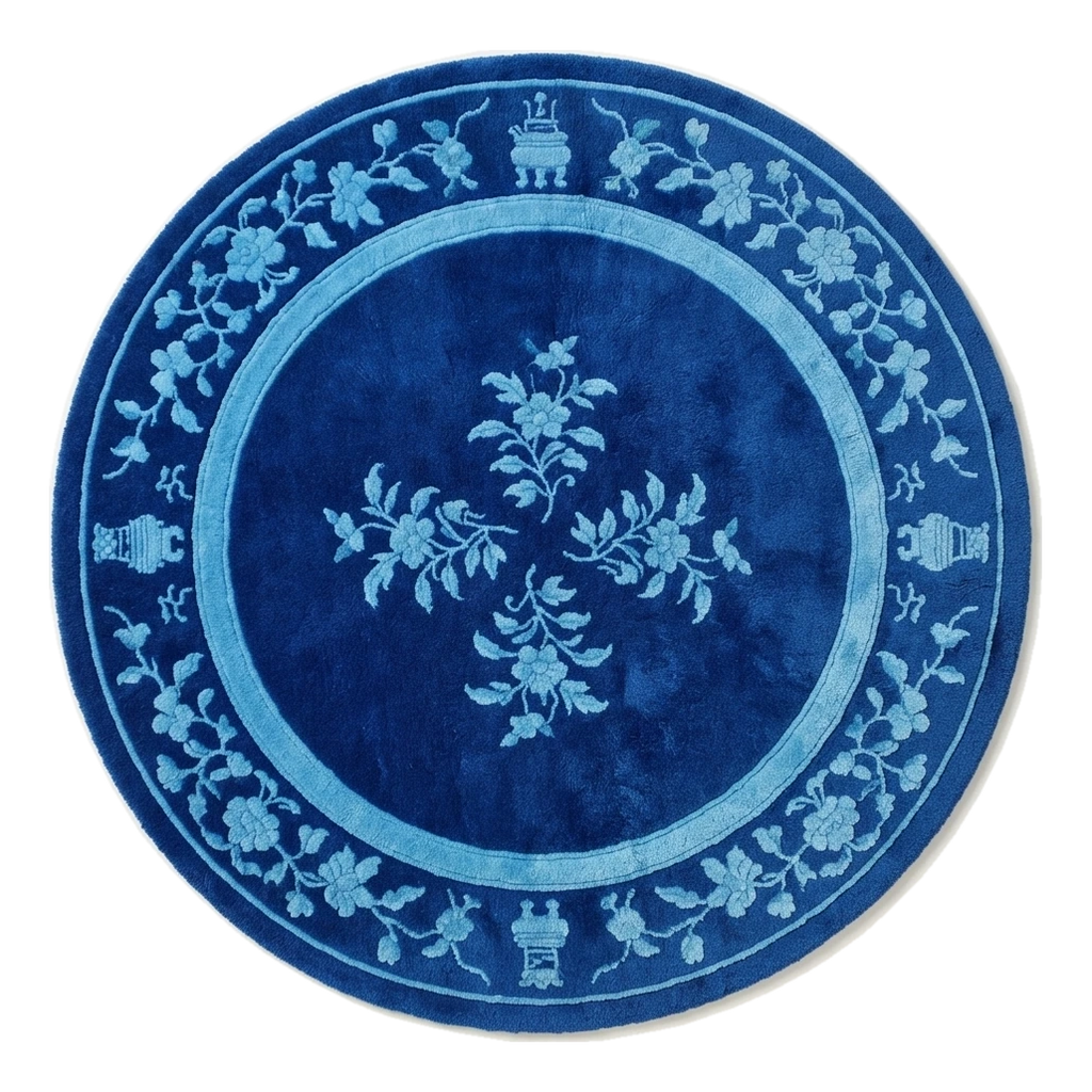 Cobalt Blue Round Hand-Tufted Rug with Sky Blue Floral Vine Border