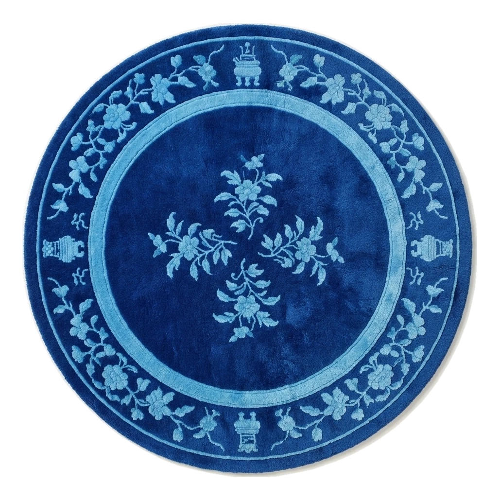 Cobalt Blue Round Hand-Tufted Rug with Sky Blue Floral Vine Border