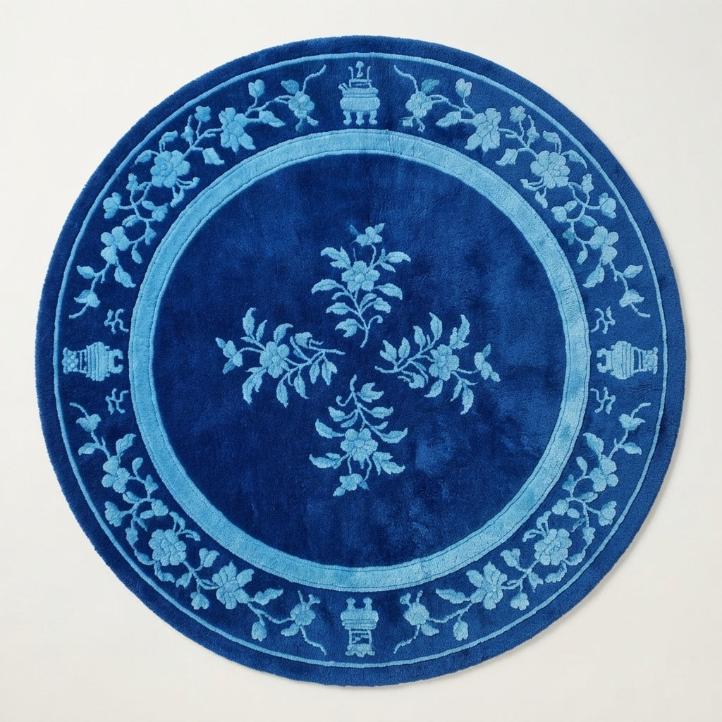 Cobalt Blue Round Hand-Tufted Rug with Sky Blue Floral Vine Border - studio photo