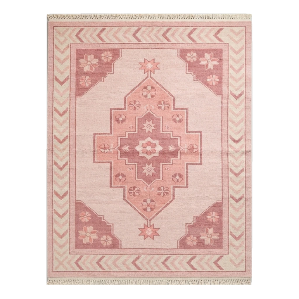 Coral Pink Hand-Knotted Rug with Rose Medallion and Chevron Border - alternate view