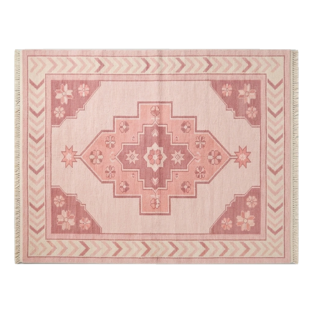 Coral Pink Hand-Knotted Rug with Rose Medallion and Chevron Border