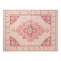 Coral Pink Hand-Knotted Rug with Rose Medallion and Chevron Border