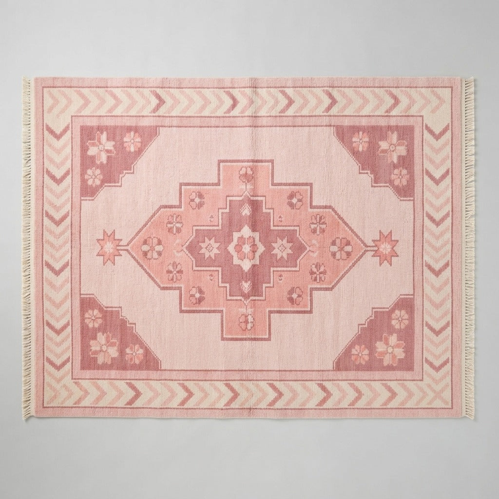 Coral Pink Hand-Knotted Rug with Rose Medallion and Chevron Border - studio photo