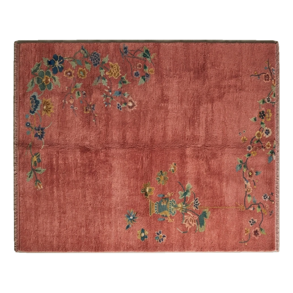 Coral Red Chinese Art Deco Hand-Knotted Rug with Floral Sprays - alternate view