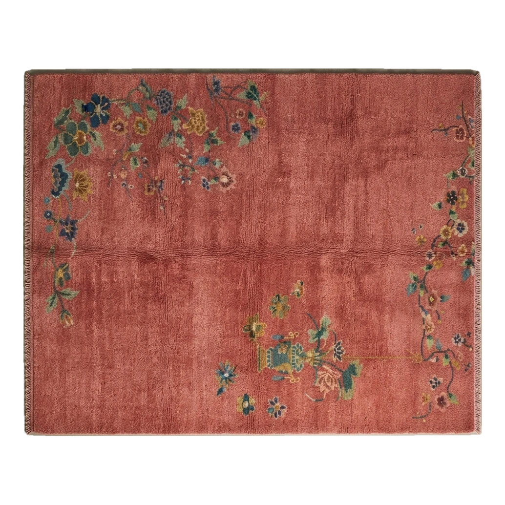 Coral Red Chinese Art Deco Hand-Knotted Rug with Floral Sprays - alternate view