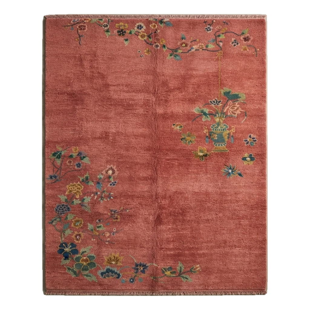Coral Red Chinese Art Deco Hand-Knotted Rug with Floral Sprays