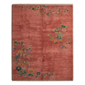 Coral Red Chinese Art Deco Hand-Knotted Rug with Floral Sprays