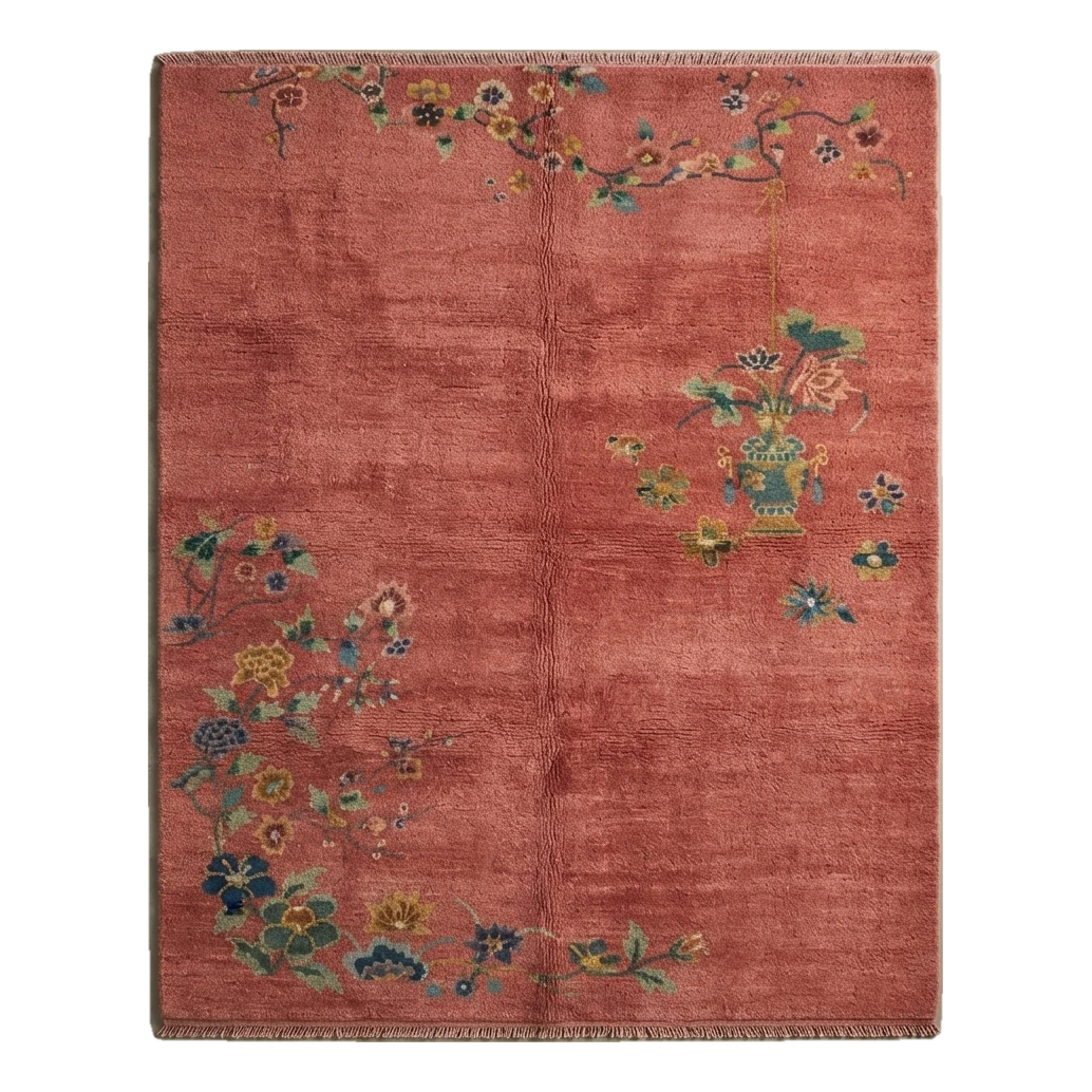 Coral Red Chinese Art Deco Hand-Knotted Rug with Floral Sprays