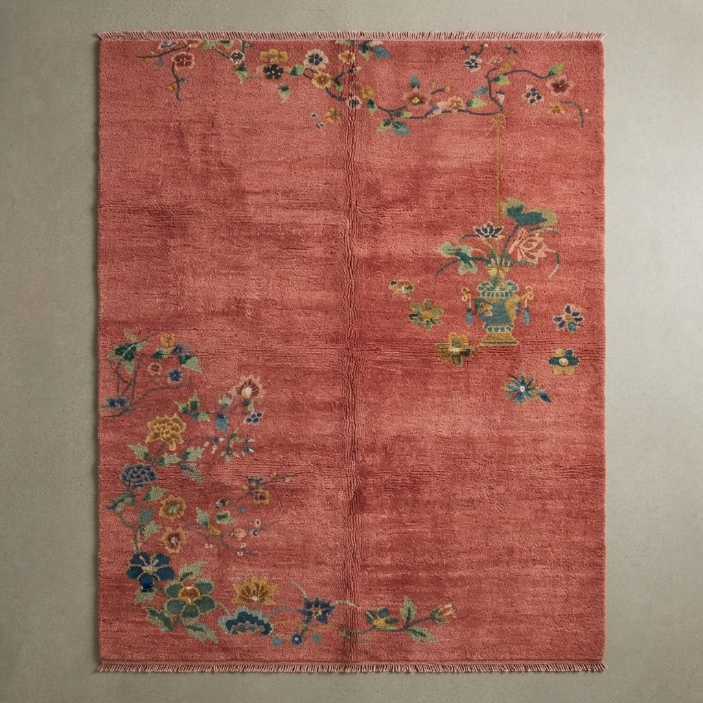 Coral Red Chinese Art Deco Hand-Knotted Rug with Floral Sprays - studio photo