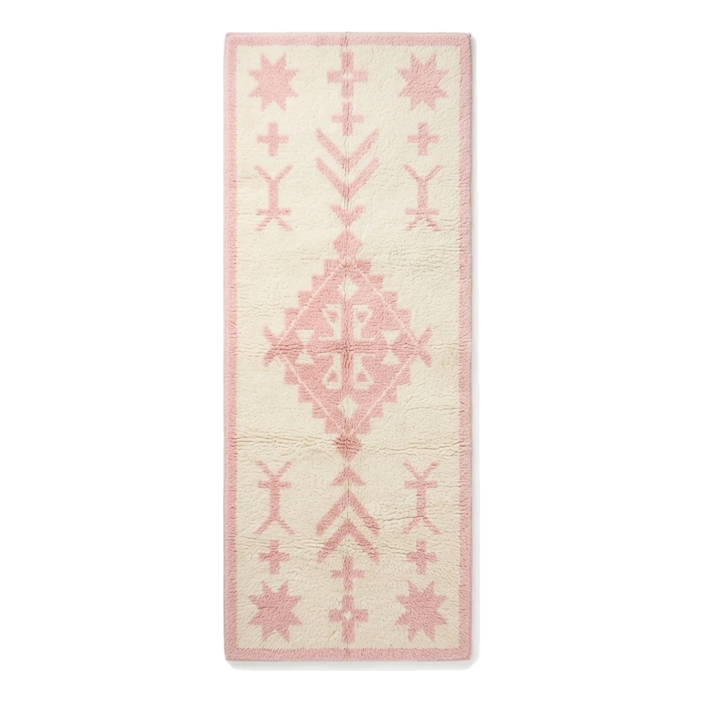 Cream Berber Hand-Tufted Runner with Pink Tribal Diamond Motifs