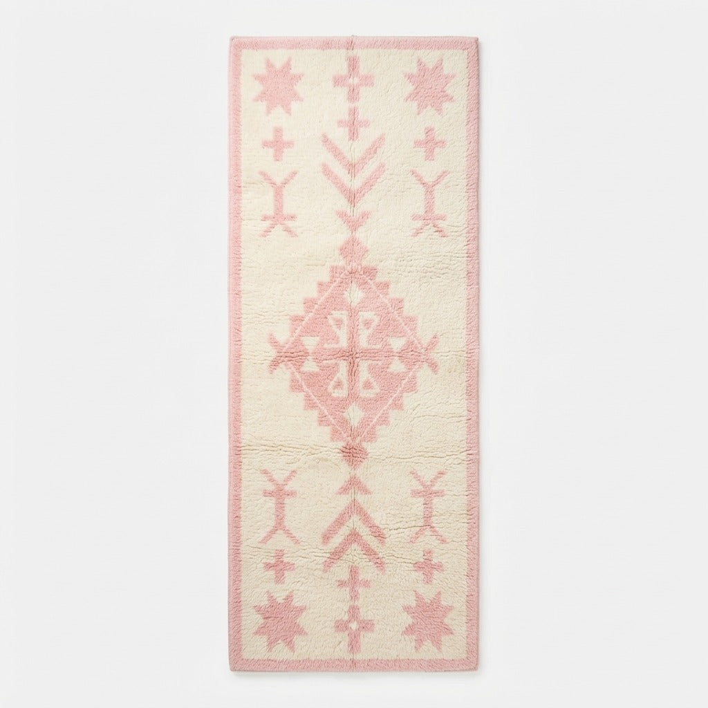 Cream Berber Hand-Tufted Runner with Pink Tribal Diamond Motifs - studio photo