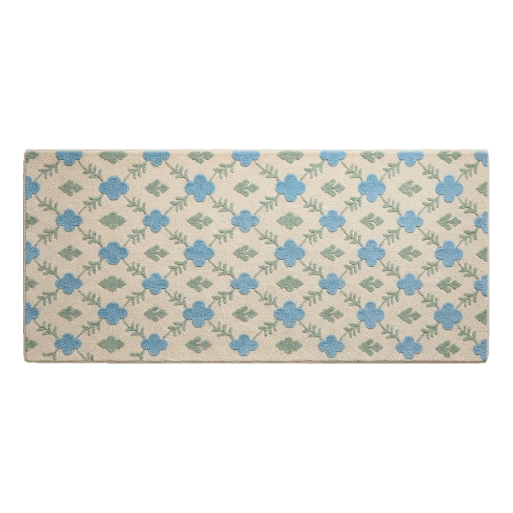 Cream Floral Hand-Tufted Runner with Sky Blue Quatrefoil Blooms - alternate view