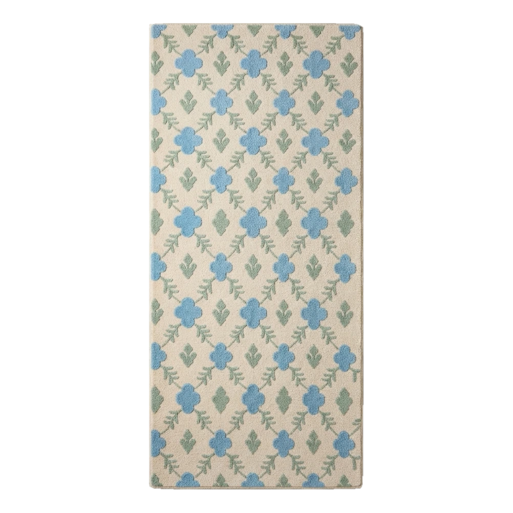 Cream Floral Hand-Tufted Runner with Sky Blue Quatrefoil Blooms