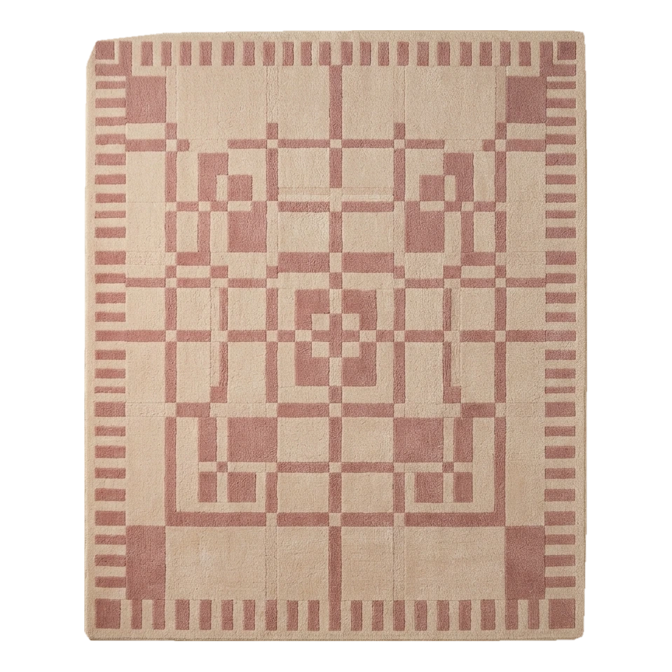 Cream Geometric Hand-Tufted Rug with Dusty Rose Lattice Border