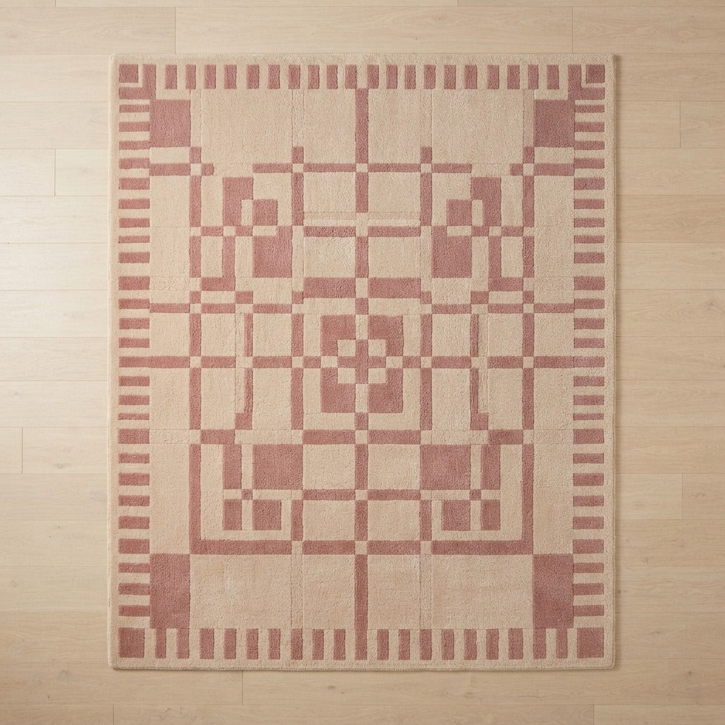 Cream Geometric Hand-Tufted Rug with Dusty Rose Lattice Border - studio photo