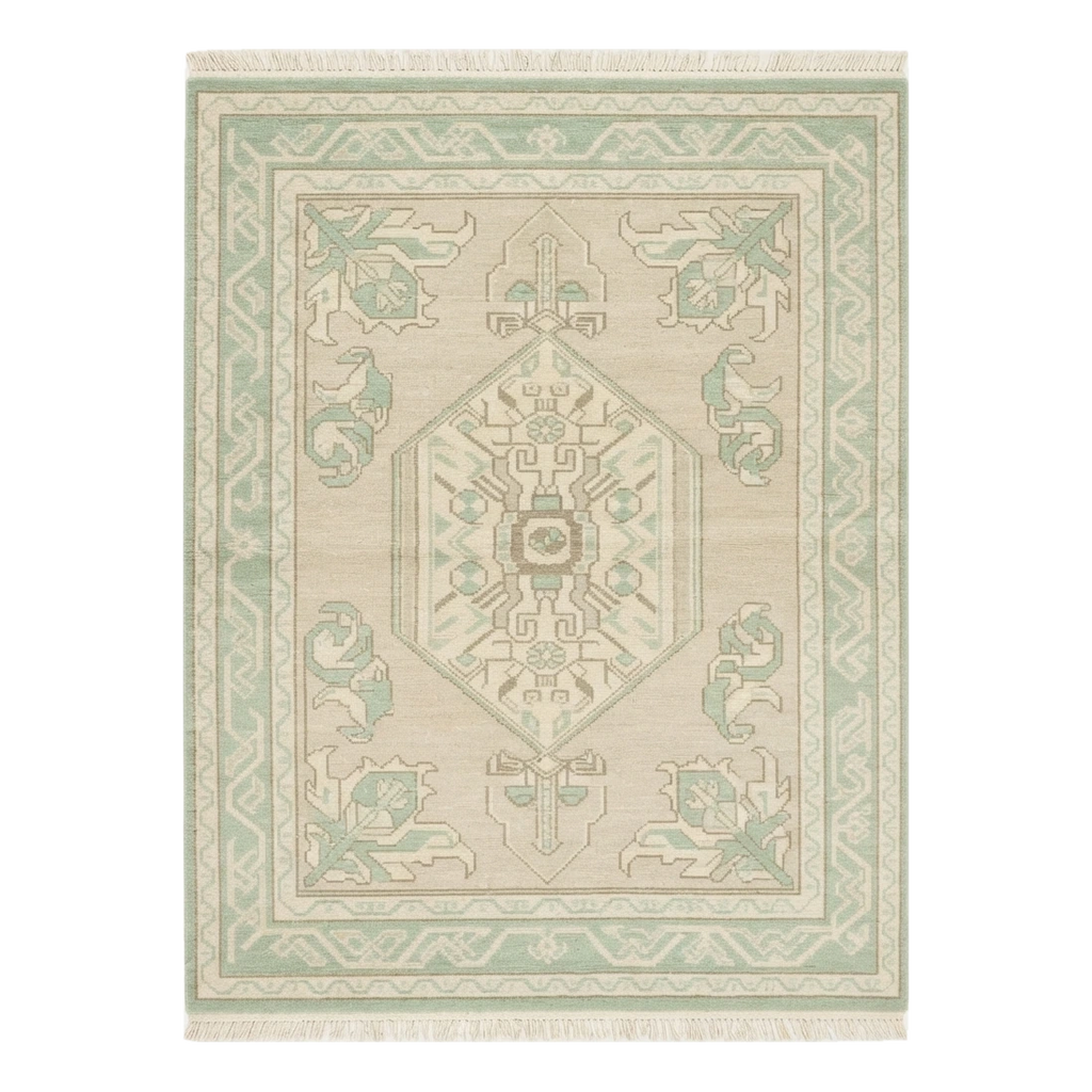 Cream Hand-Knotted Rug with Mint Green Medallion and Border - alternate view