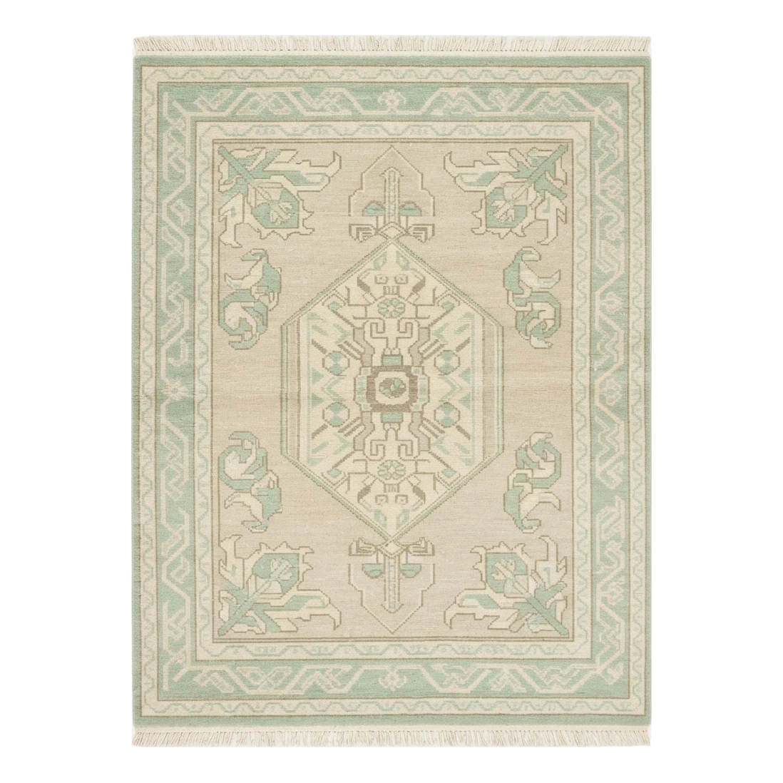 Cream Hand-Knotted Rug with Mint Green Medallion and Border - alternate view
