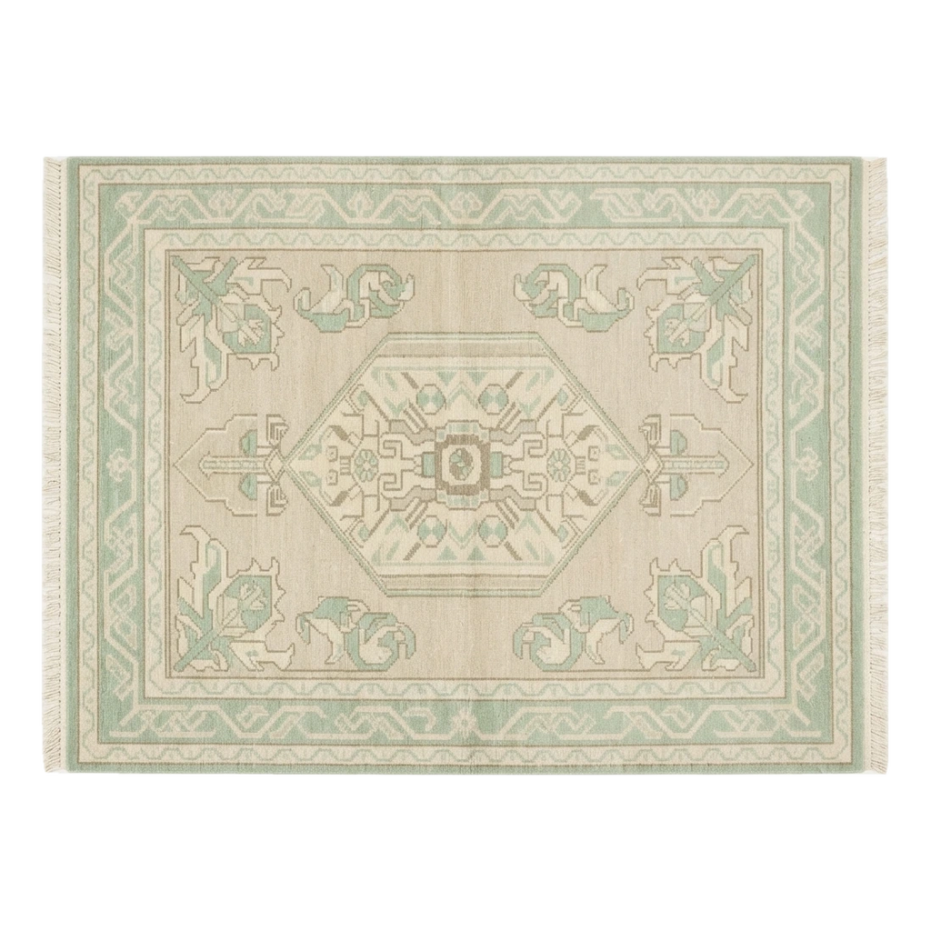 Cream Hand-Knotted Rug with Mint Green Medallion and Border