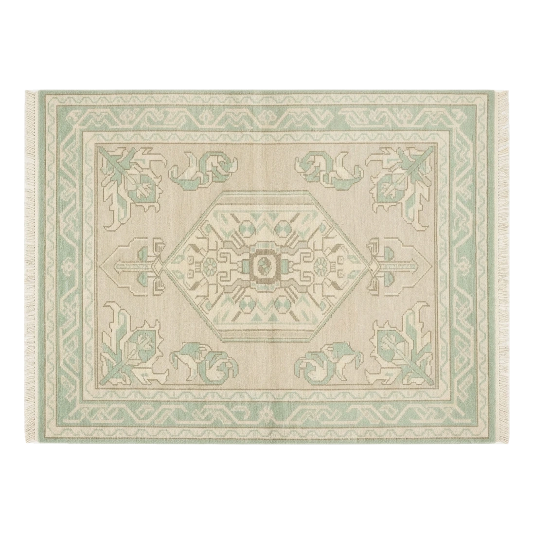 Cream Hand-Knotted Rug with Mint Green Medallion and Border
