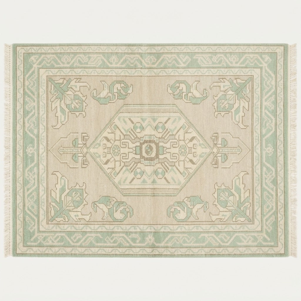 Cream Hand-Knotted Rug with Mint Green Medallion and Border - studio photo