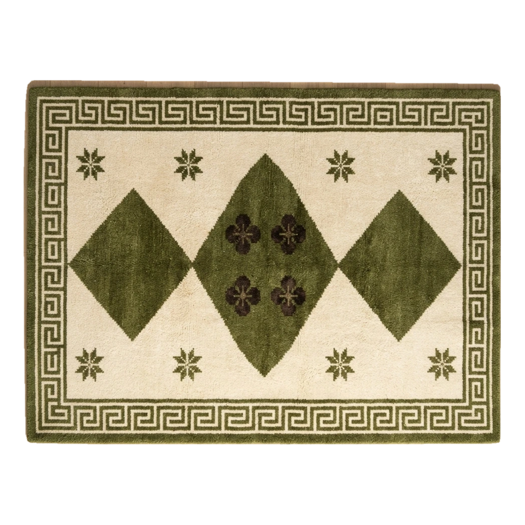 Cream Hand-Tufted Rug with Olive Diamonds and Greek Key Border - alternate view