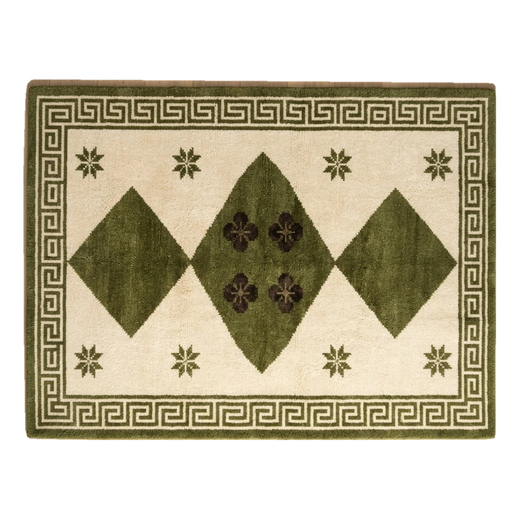 Cream Hand-Tufted Rug with Olive Diamonds and Greek Key Border - alternate view