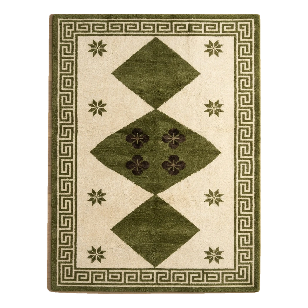 Cream Hand-Tufted Rug with Olive Diamonds and Greek Key Border