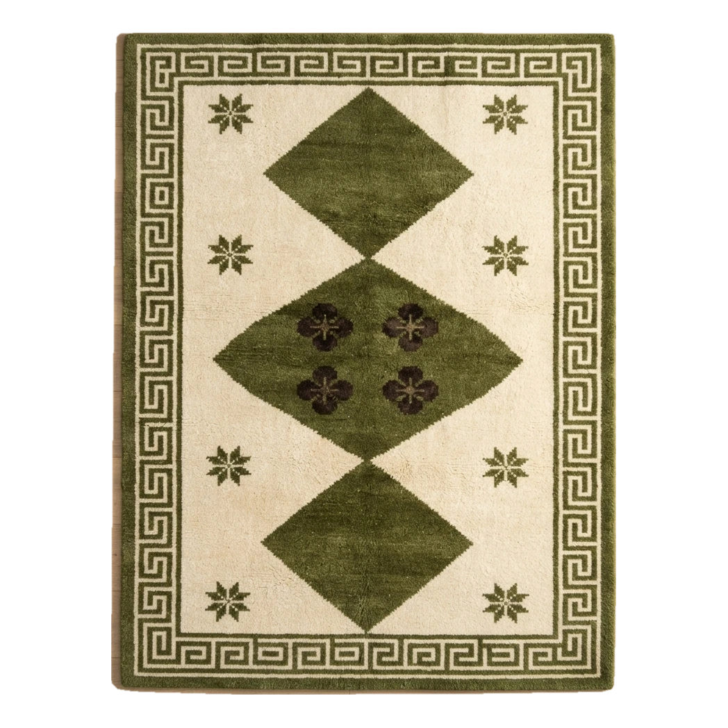 Cream Hand-Tufted Rug with Olive Diamonds and Greek Key Border