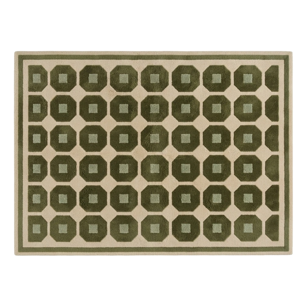 Cream Hand-Tufted Rug with Olive Green Octagon Grid - alternate view