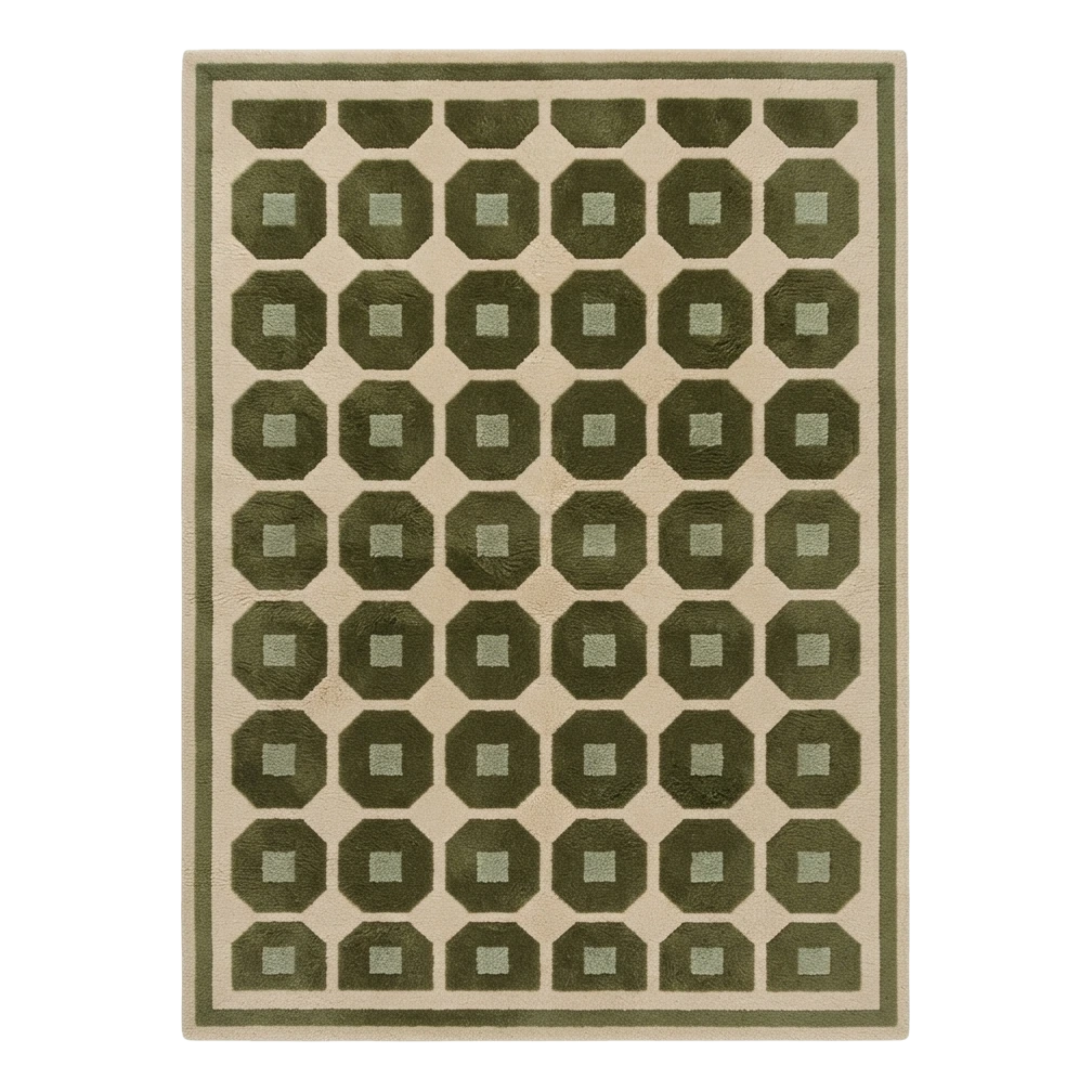 Cream Hand-Tufted Rug with Olive Green Octagon Grid