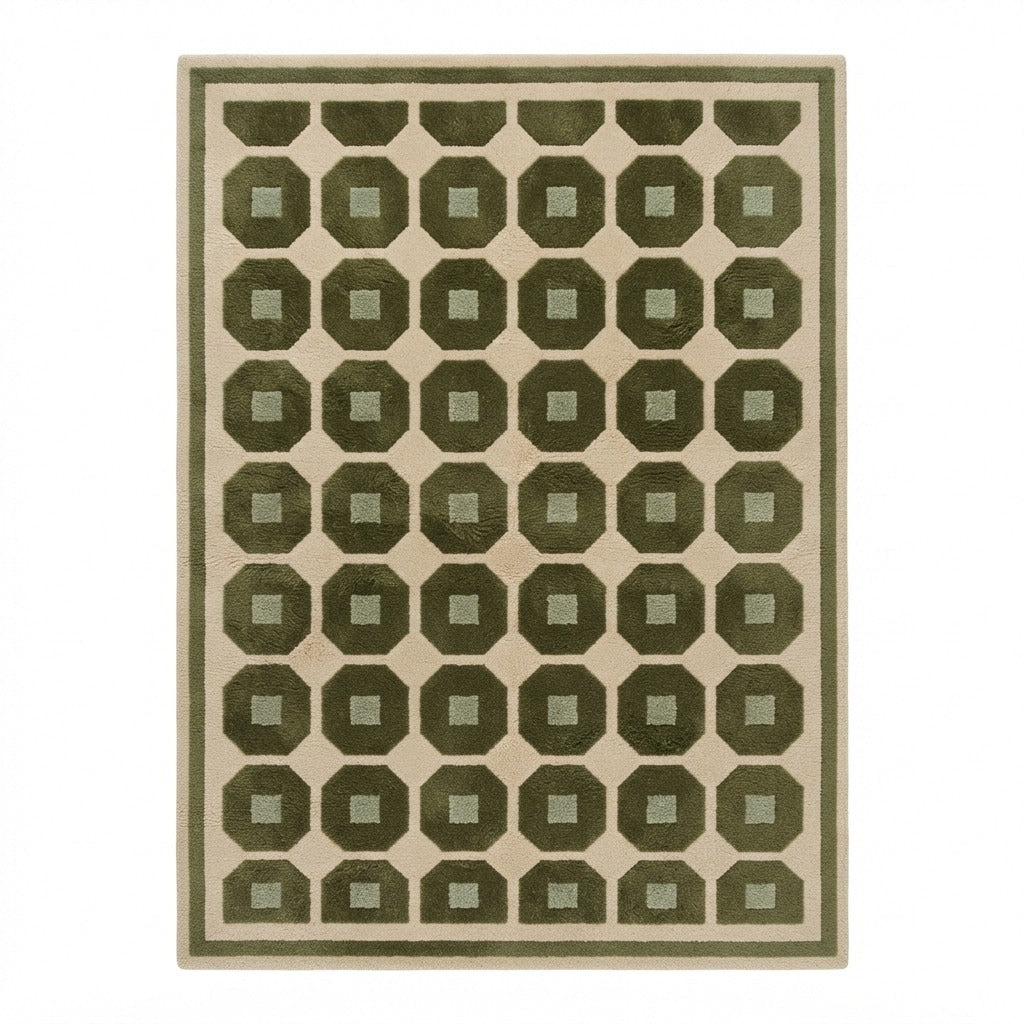 Cream Hand-Tufted Rug with Olive Green Octagon Grid - studio photo
