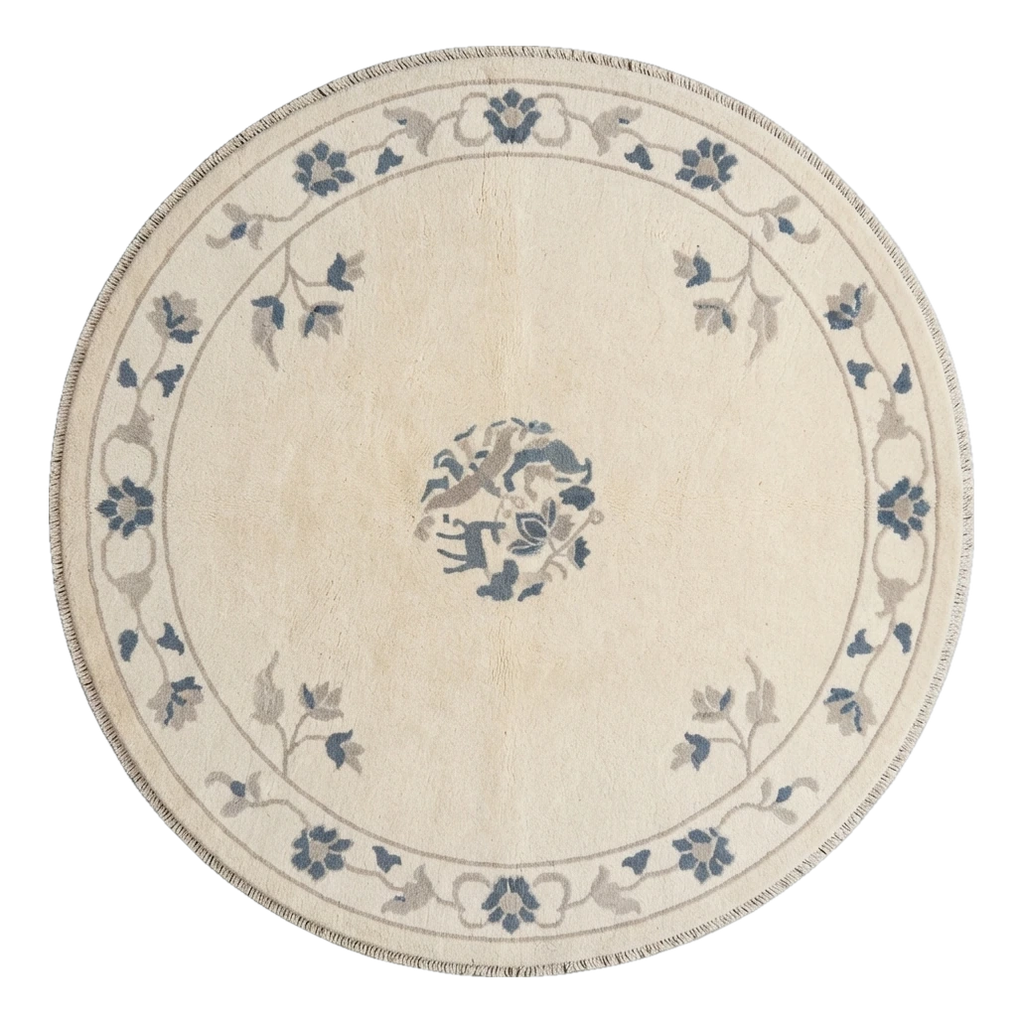 Cream Round Chinese Art Deco Hand-Knotted Rug with Slate Blue Florals - alternate view