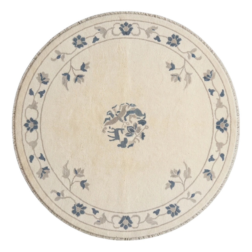 Cream Round Chinese Art Deco Hand-Knotted Rug with Slate Blue Florals - alternate view