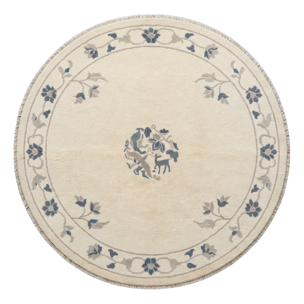 Cream Round Chinese Art Deco Hand-Knotted Rug with Slate Blue Florals