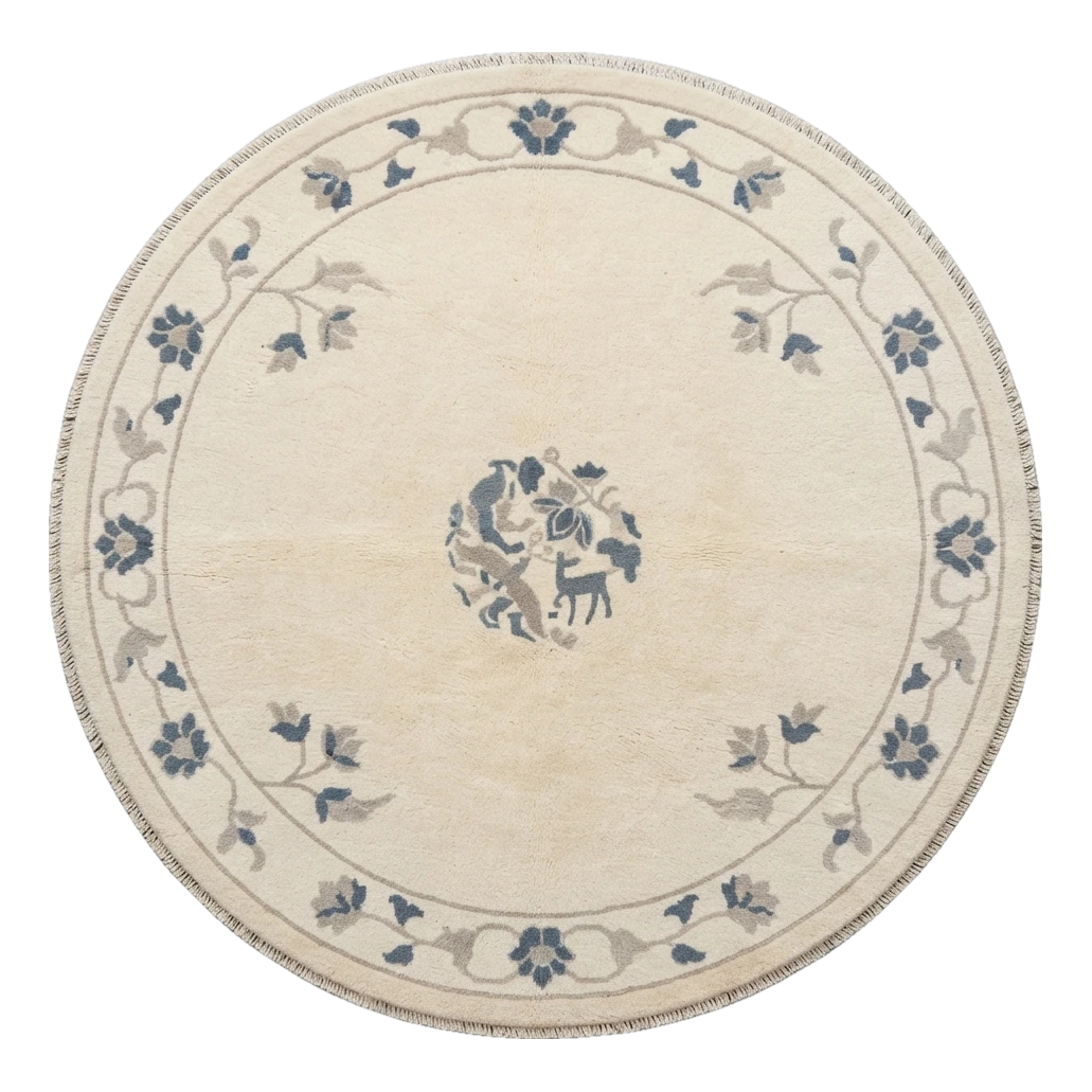 Cream Round Chinese Art Deco Hand-Knotted Rug with Slate Blue Florals