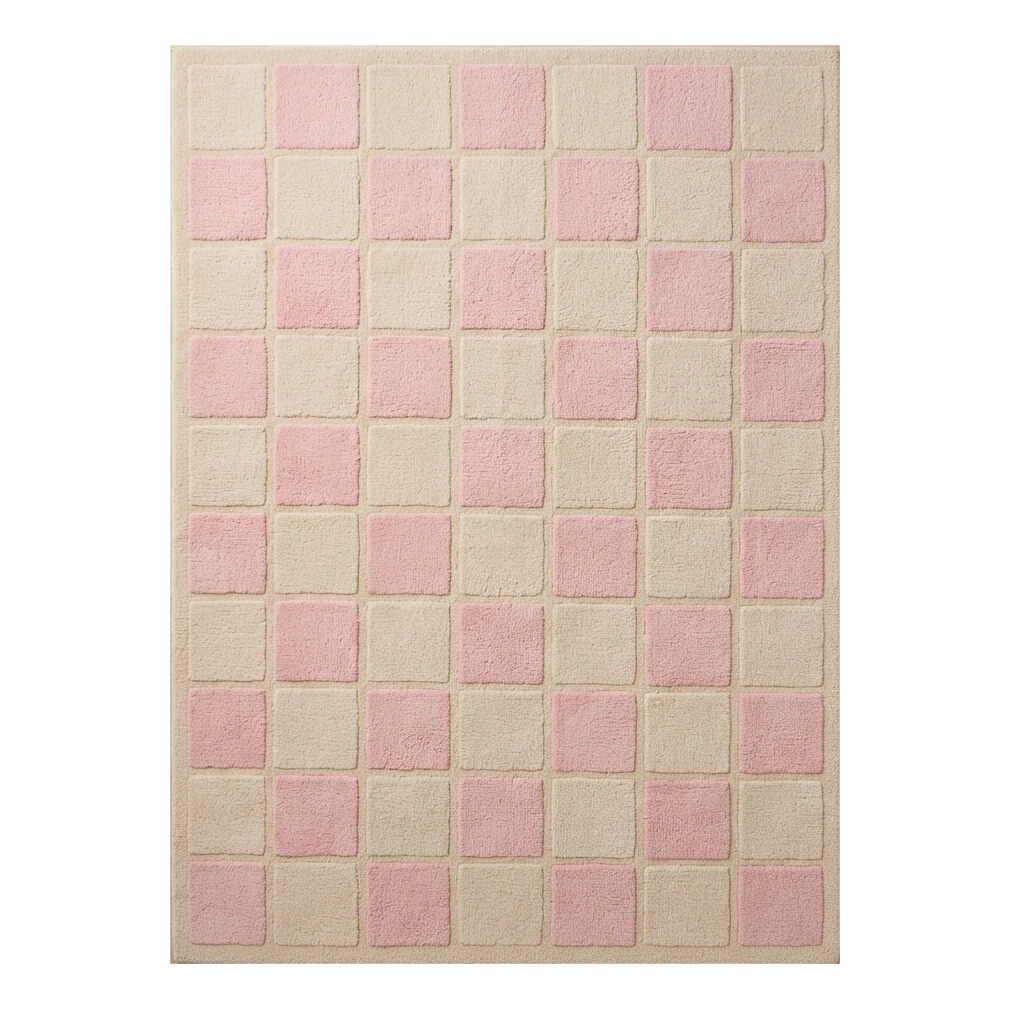 Cream and Blush Pink Checkerboard Hand-Tufted Rug