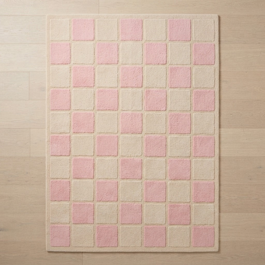 Cream and Blush Pink Checkerboard Hand-Tufted Rug - studio photo
