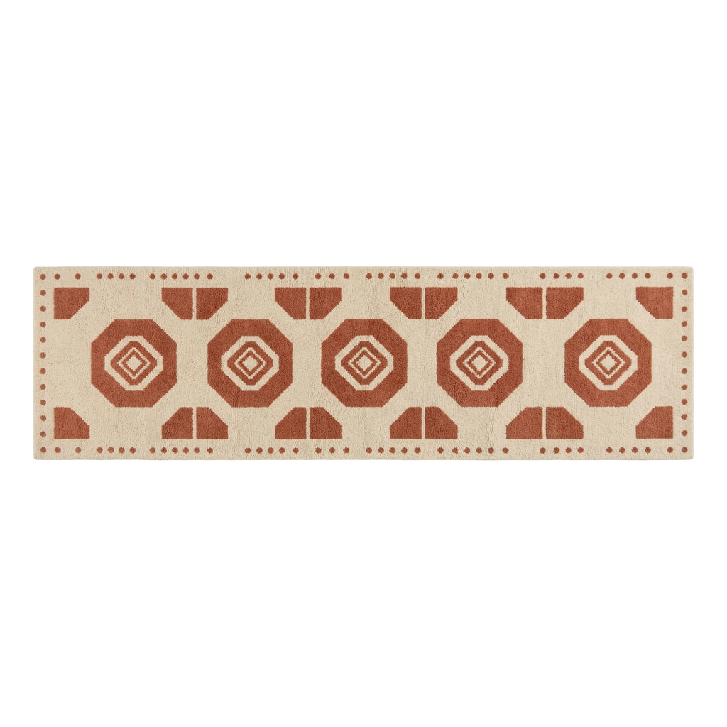 Cream and Terracotta Octagon Hand-Tufted Runner with Dotted Border - alternate view