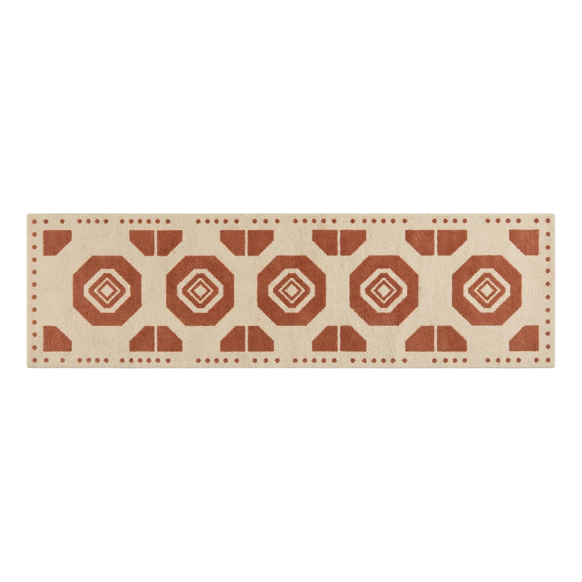 Cream and Terracotta Octagon Hand-Tufted Runner with Dotted Border - alternate view
