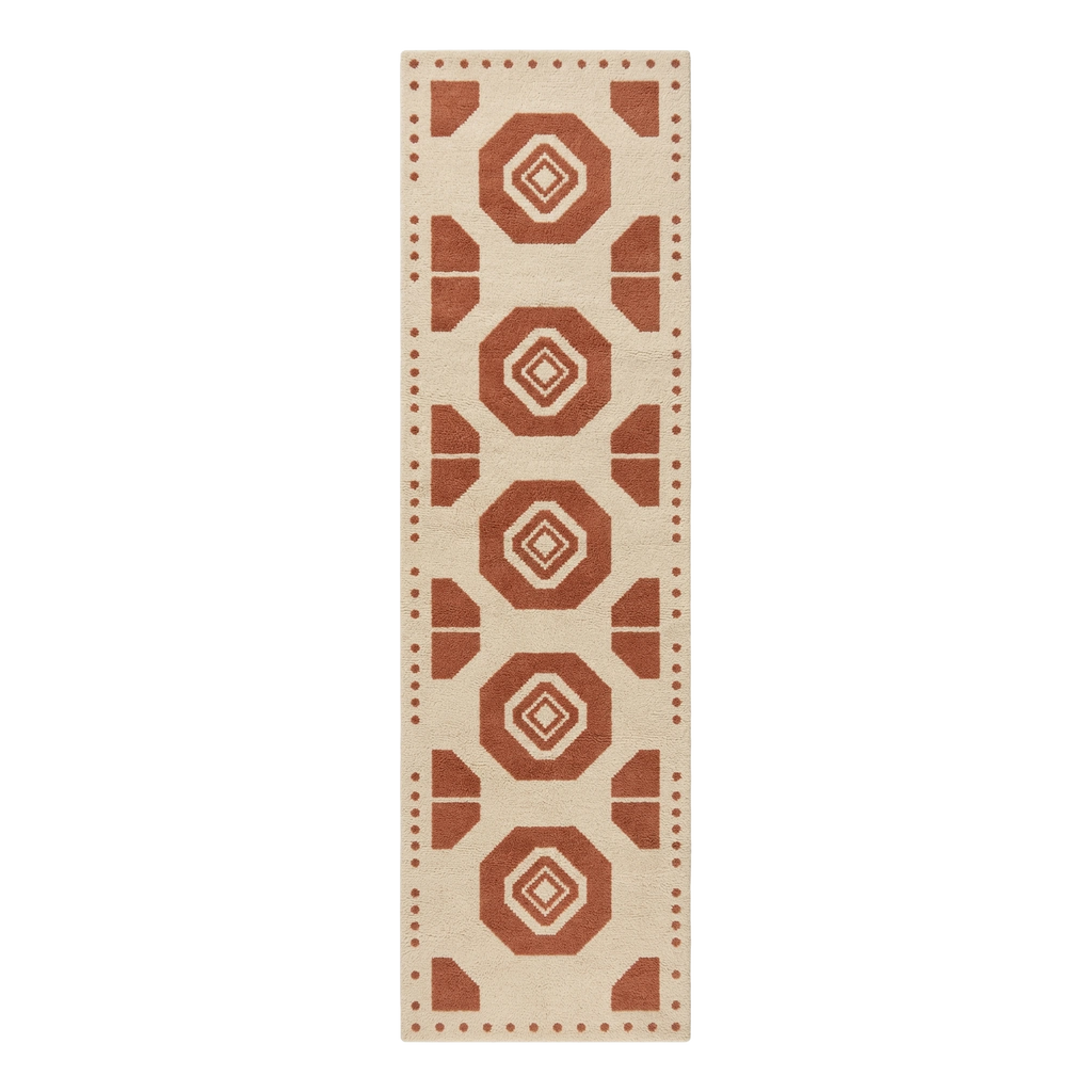 Cream and Terracotta Octagon Hand-Tufted Runner with Dotted Border