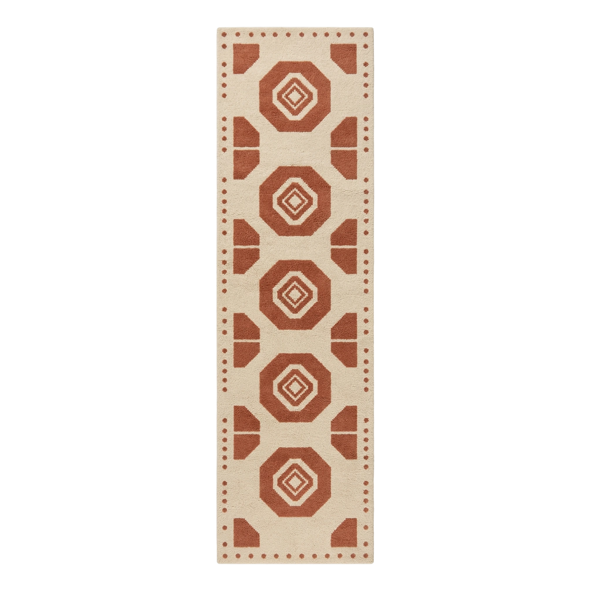 Cream and Terracotta Octagon Hand-Tufted Runner with Dotted Border