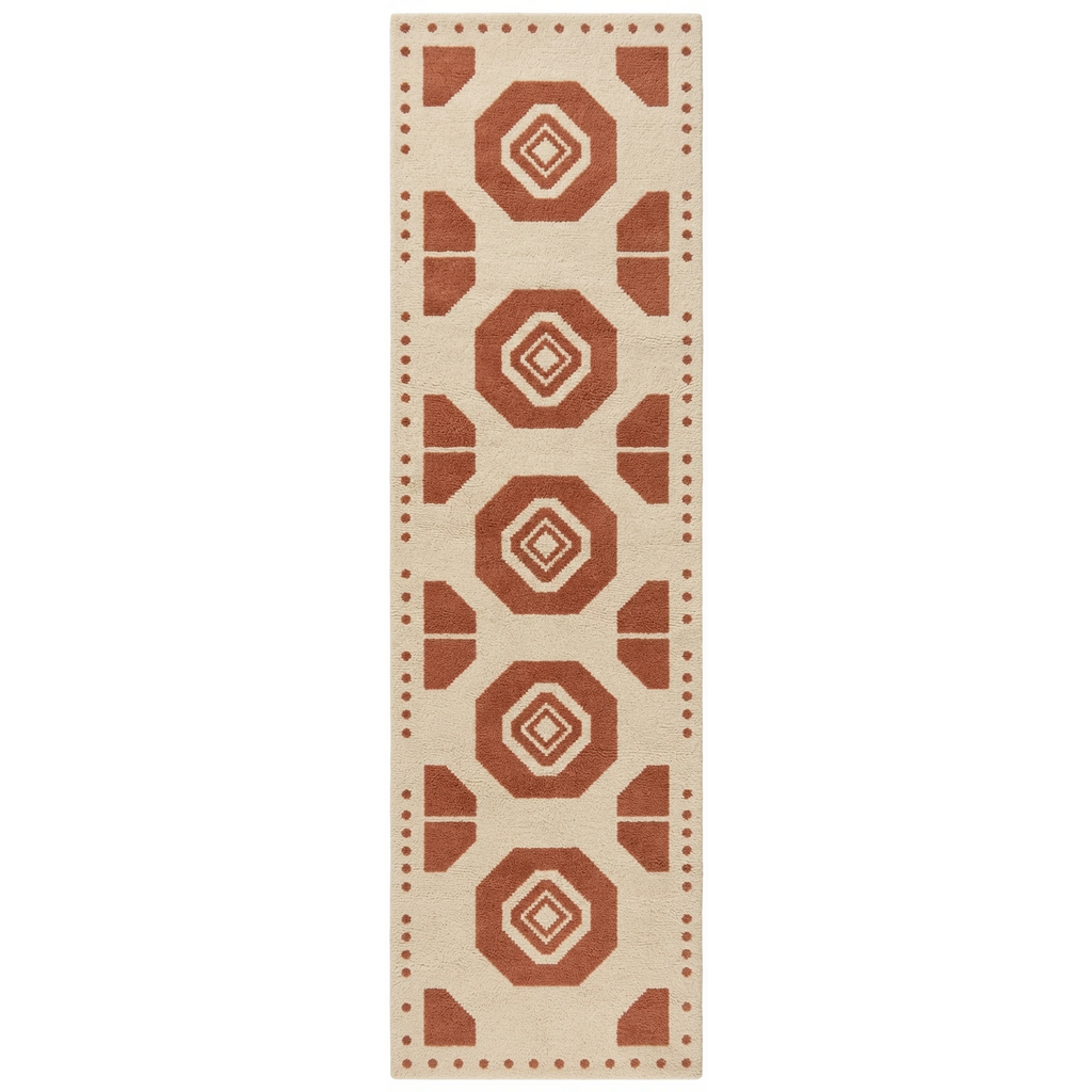 Cream and Terracotta Octagon Hand-Tufted Runner with Dotted Border - studio photo