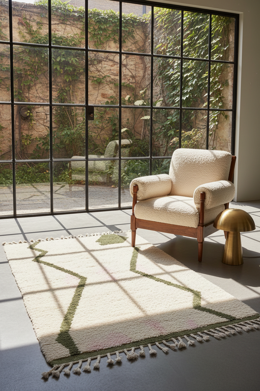 A cream-colored textured armchair with a wooden frame sits on a cream rug with green geometric patterns and tassels, next to a gold mushroom-shaped side table in a sunlit room with a large grid window overlooking a garden.