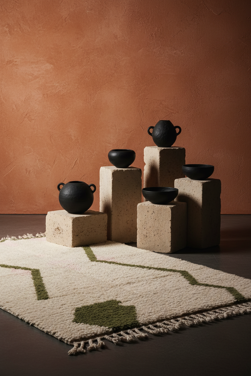 A styled interior scene showing several matte black ceramic vessels arranged on beige stone blocks over a cream rug with green geometric patterning, set against a warm terracotta wall.