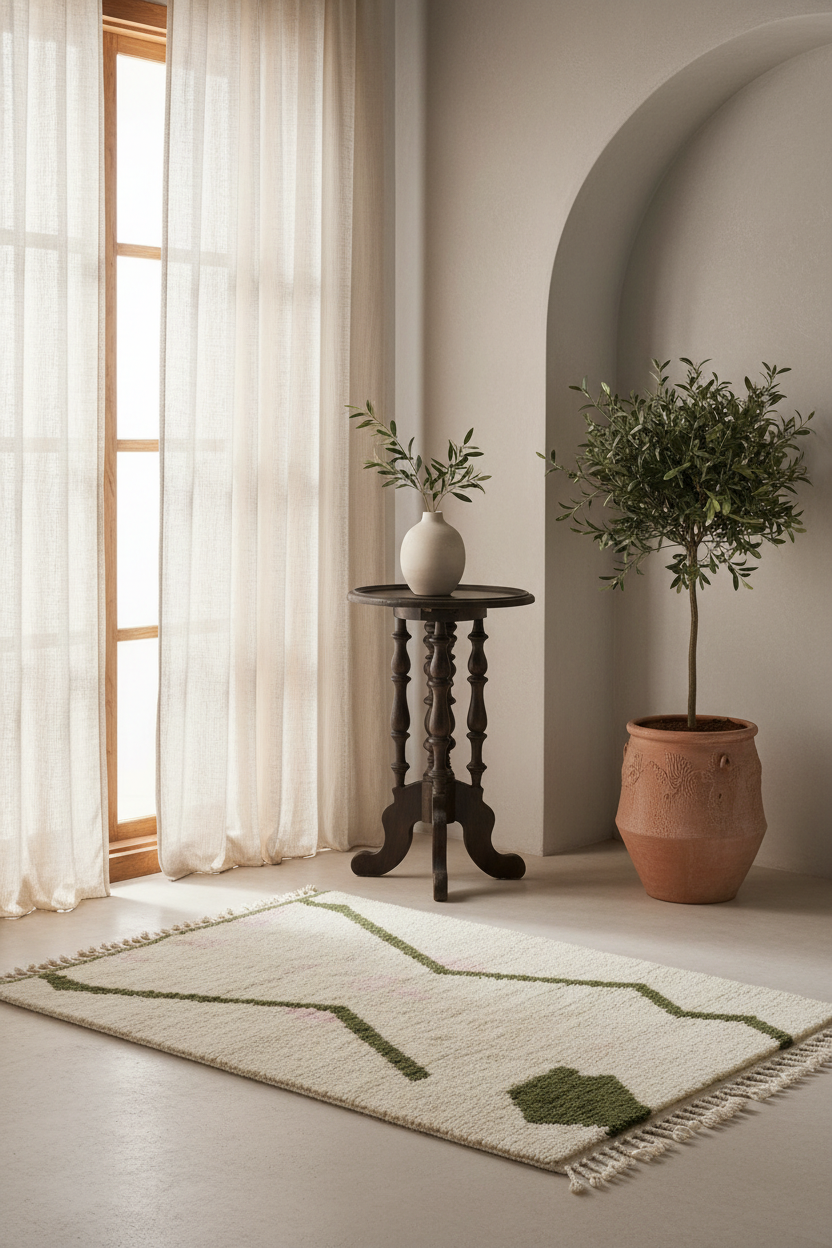A cream-colored area rug with green geometric patterns and fringe, styled in a sunlit room next to a window with sheer curtains, a dark wooden side table with a vase, and a potted olive tree.