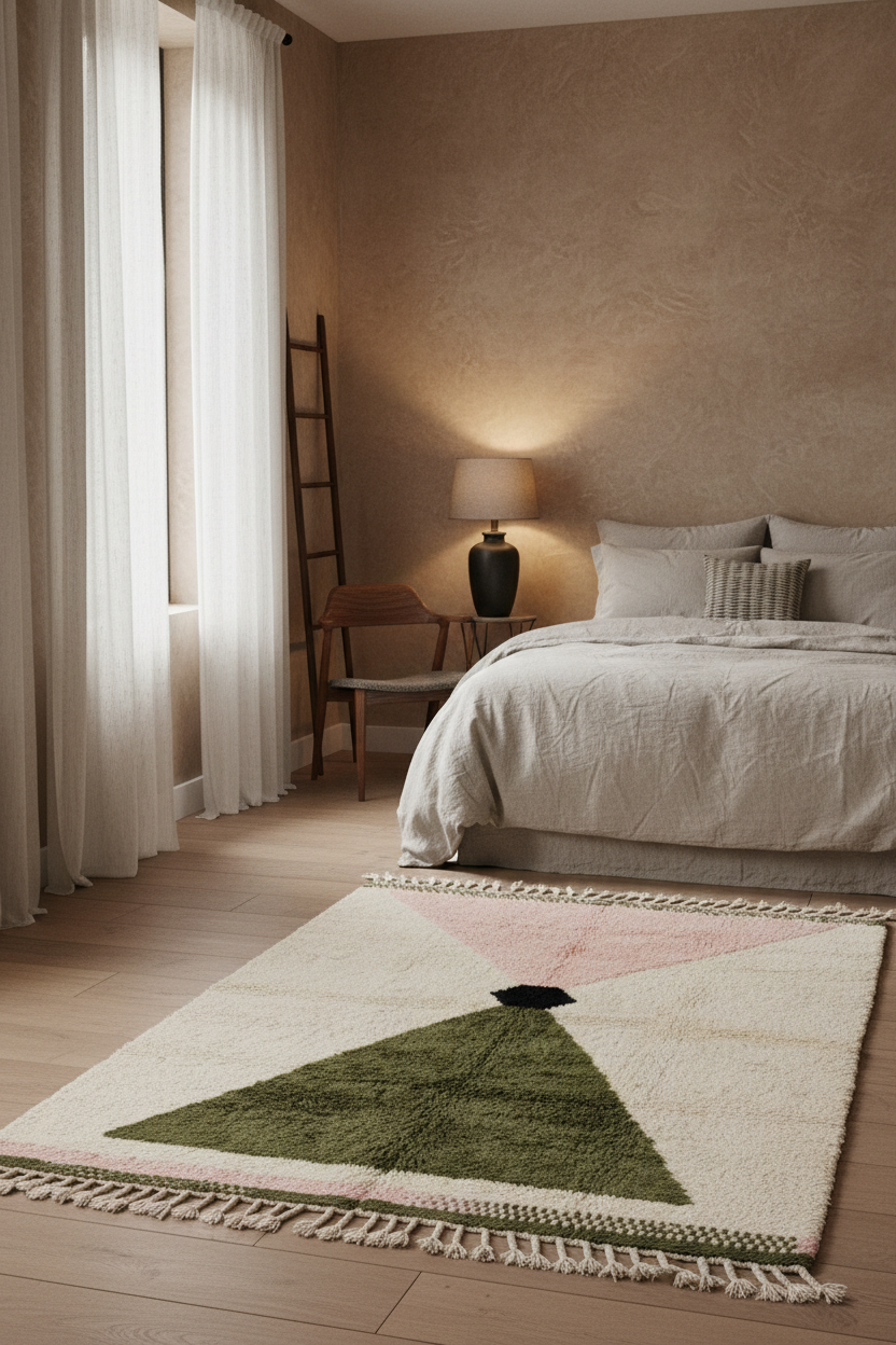 A modern geometric area rug with a fringed edge is styled on a light wood floor in a cozy, neutral-toned bedroom. The rug features a large green triangle, a smaller pink triangle, and a cream background with a small black circle at the top.