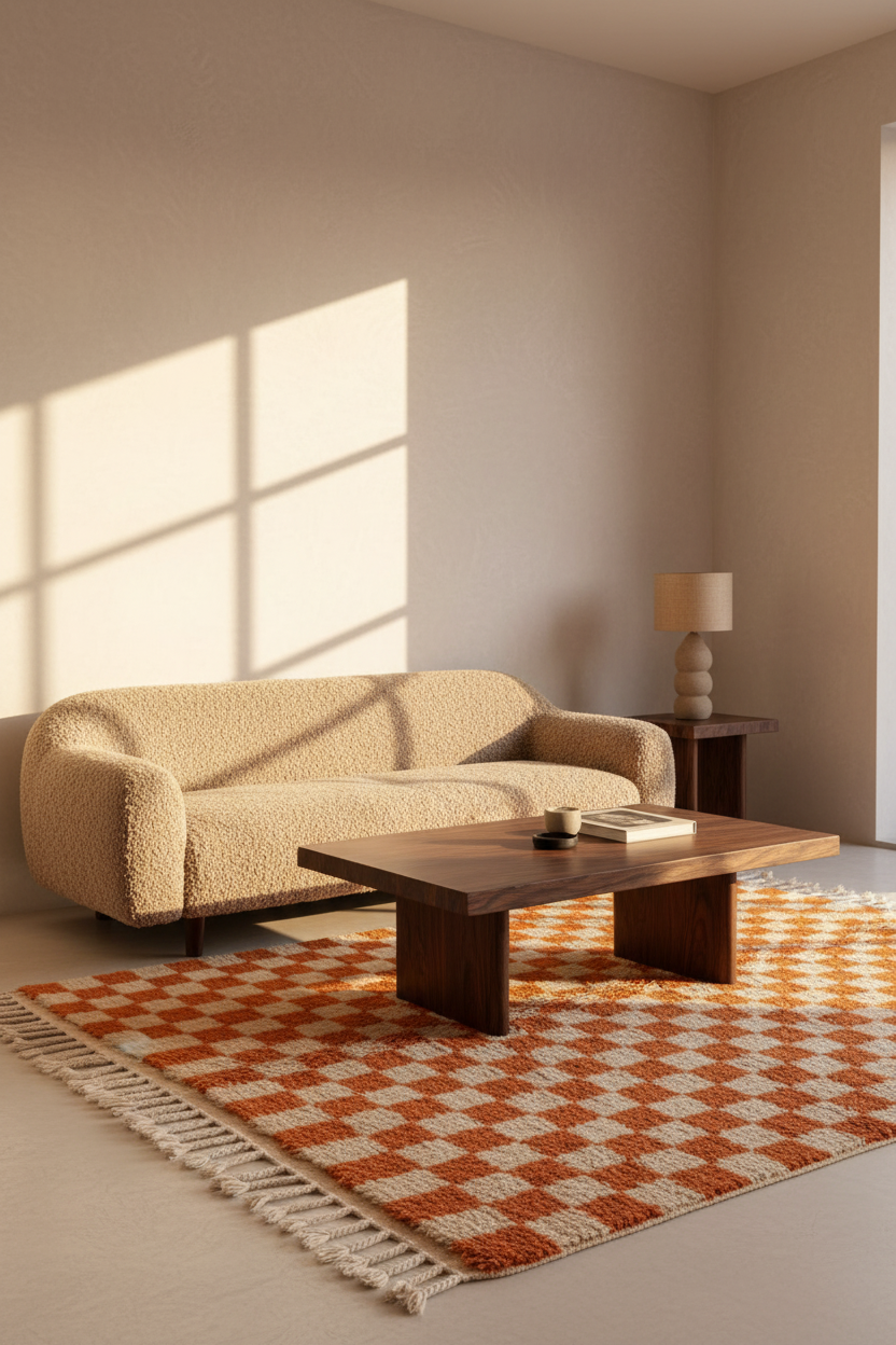 A cozy living room scene with a beige boucle sofa, a dark wood coffee table, an orange and cream checkered rug, and a small side table with a lamp in a sunlit room.
