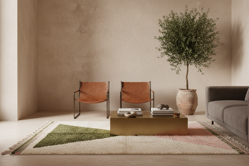 A styled interior scene with two tan leather armchairs, a rectangular gold coffee table, a gray sofa edge, a rug with green and pink sections, and a large potted tree against a warm beige wall.