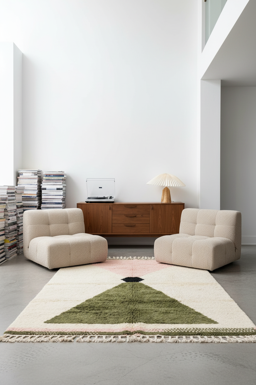 A modern living room setup featuring a large area rug with a green geometric triangle pattern on a cream background, styled with two beige tufted lounge chairs and a wooden credenza.