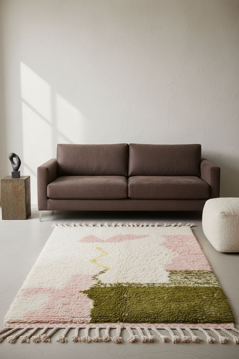 A modern living room scene featuring a brown fabric sofa, a cream and pink rug with green and yellow abstract patches, and a white pouf on a light gray floor.